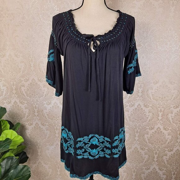 Urban Mangoz Size Medium Black Cotton A-Line Dress Turquoise Embroidery Beading - Picture 1 of 15